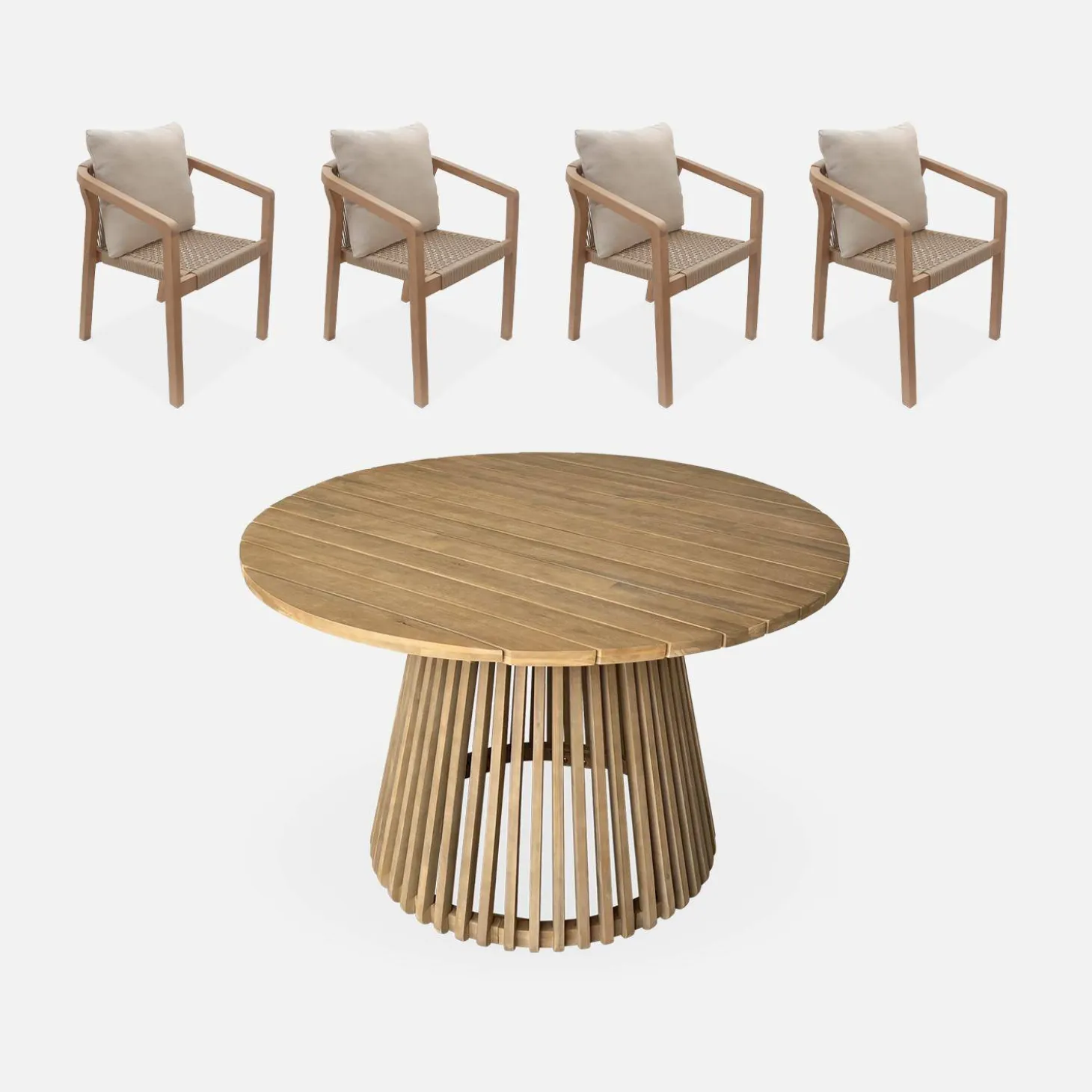 Ronde houten eettafel, binnen/buiten + 4 houten en touw stoelen