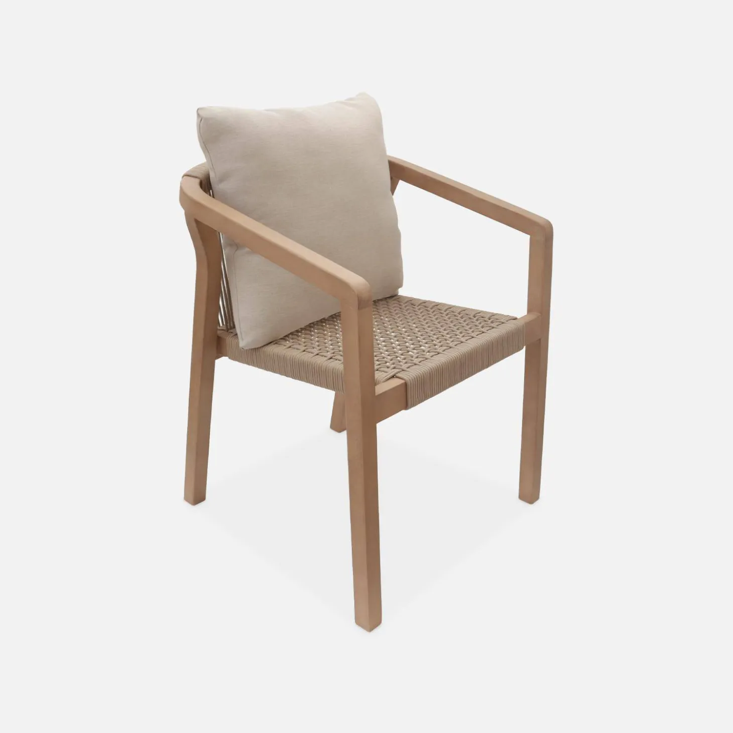 Ronde houten eettafel, binnen/buiten + 4 houten en touw stoelen