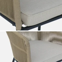 Ronde houten eettafel, binnen/buiten + 4 touw en stalen armstoelen