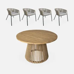 Ronde houten eettafel, binnen/buiten + 4 touw en stalen armstoelen