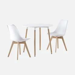 Ronde Scandinavische eettafel in hout, 2 stoelen