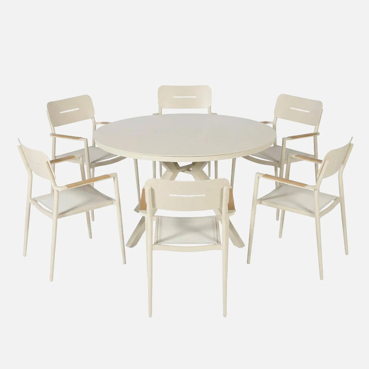 Ronde tuintafel van aluminium en glas met 6 stoelen
