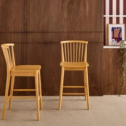 Rubberhouten barstoel met spijlen (set van 2)