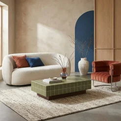 Salontafel met matte keramieklook tegels en houtdecor