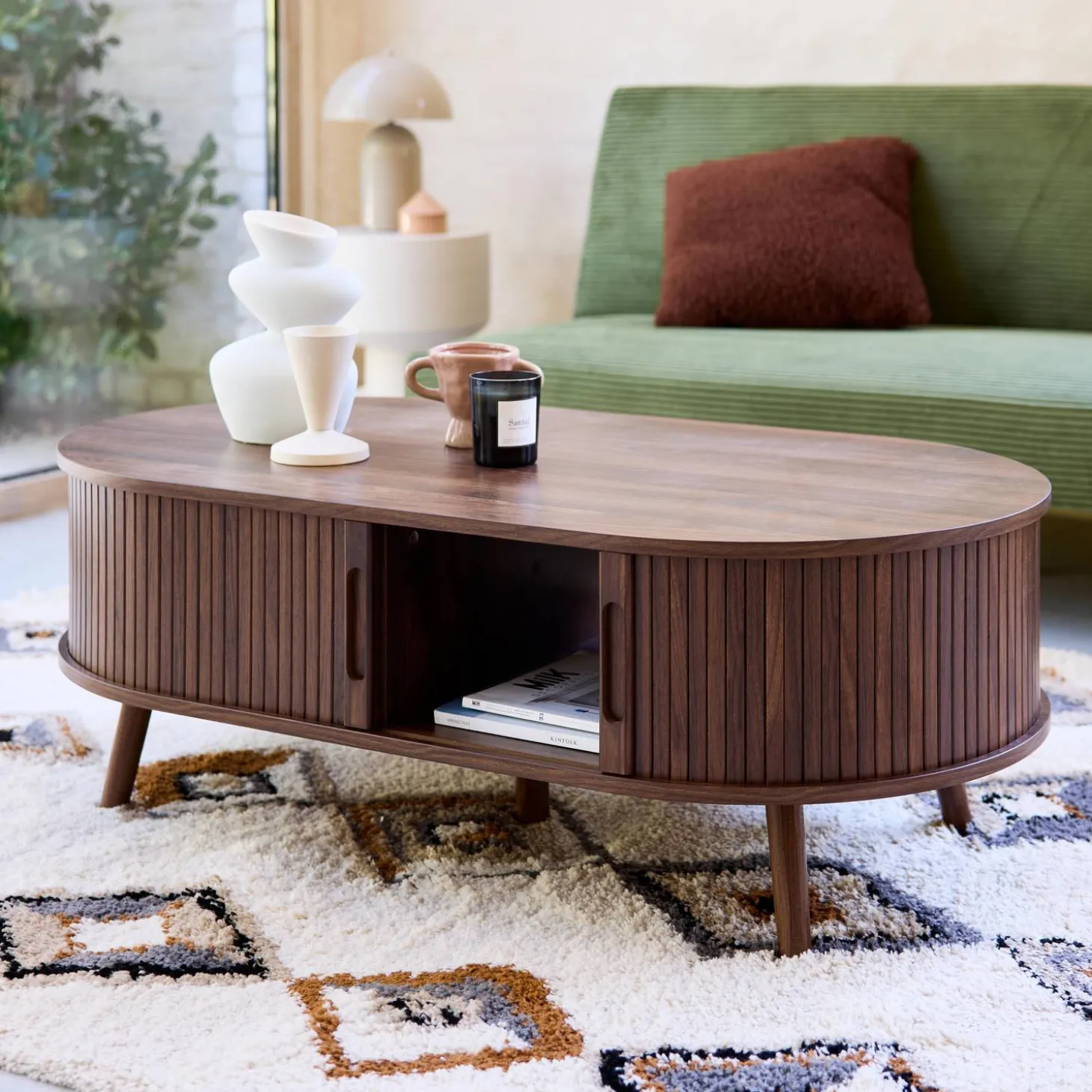Salontafel met schuifdeuren en vakken met houteffect 110cm