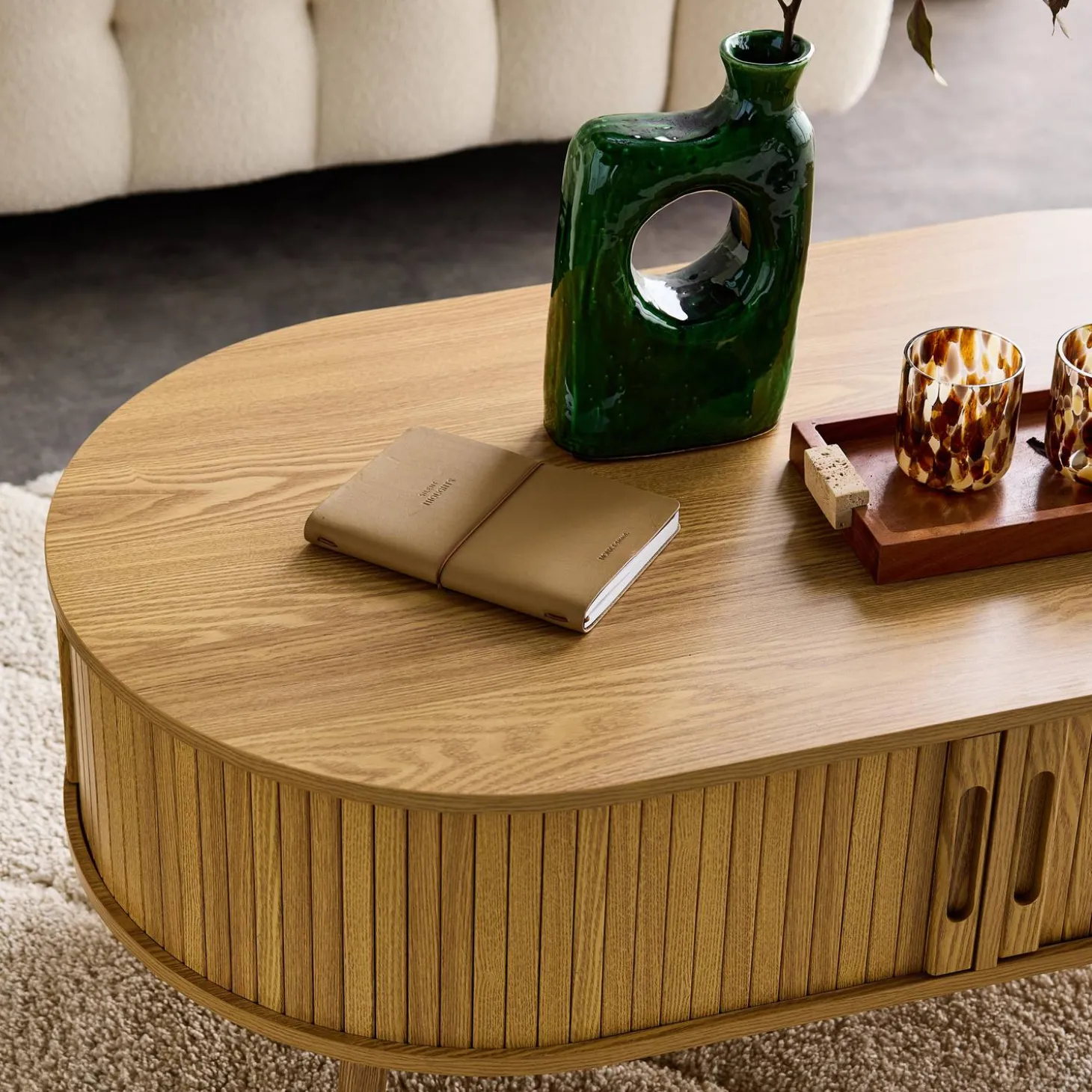 Salontafel met schuifdeuren en vakken met houteffect 110cm