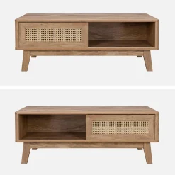 Salontafel met schuifdeur, 2 vakken, hout- en rieteffect