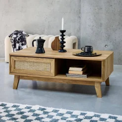Salontafel met schuifdeur, 2 vakken, hout- en rieteffect