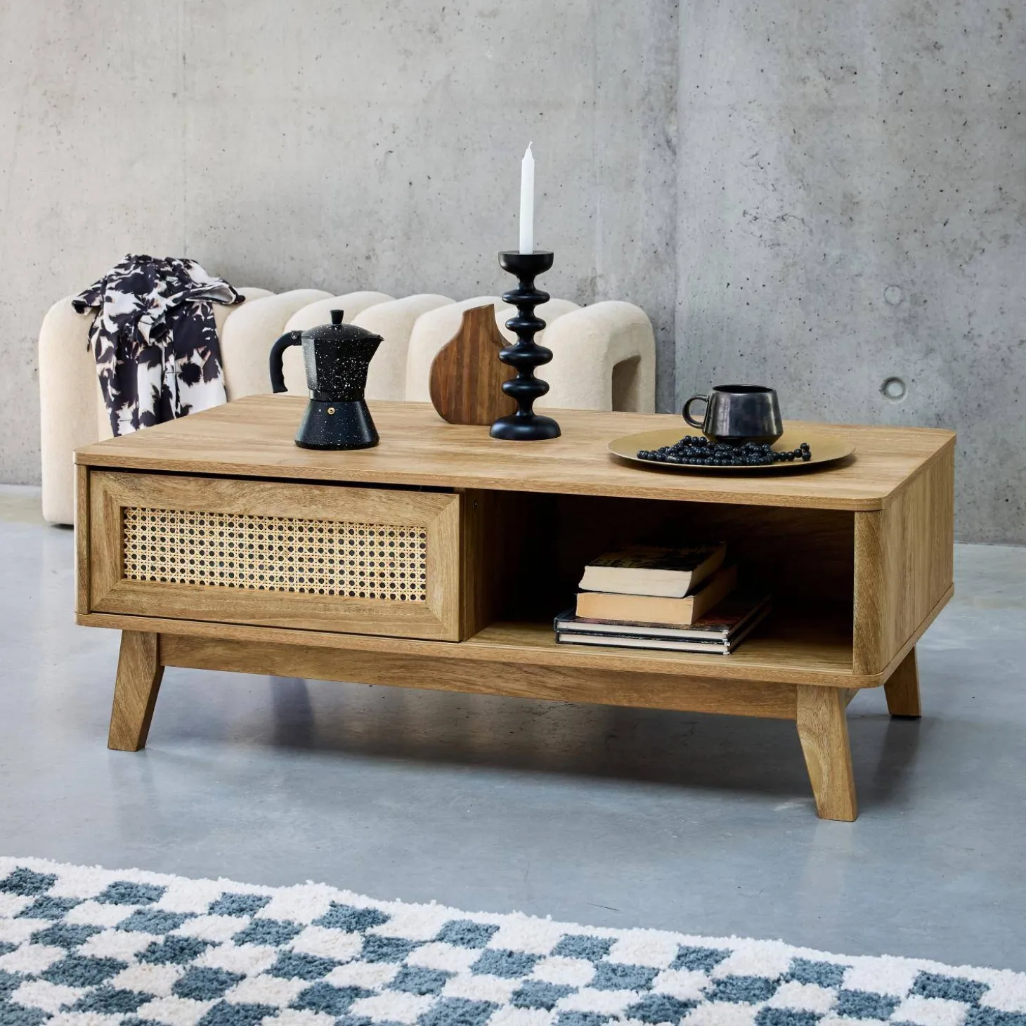 Salontafel met schuifdeur, 2 vakken, hout- en rieteffect