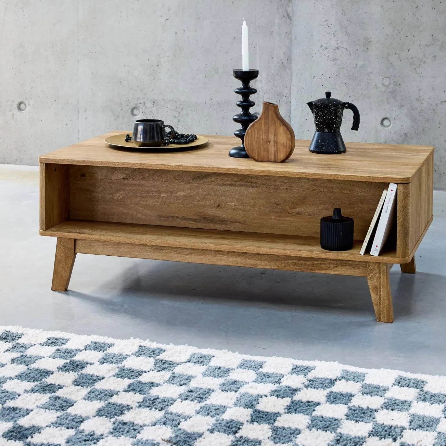 Salontafel met schuifdeur, 2 vakken, hout- en rieteffect