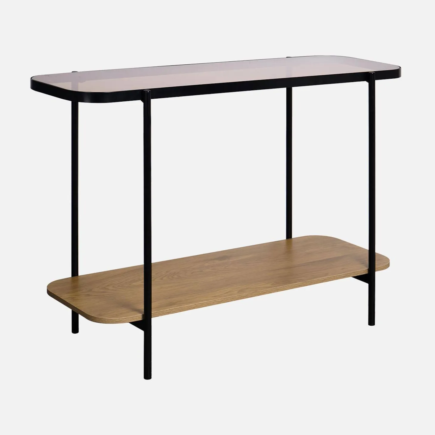 Salontafel vintage van zwart metaal met plateau's van glas en houtdecor 110 cm