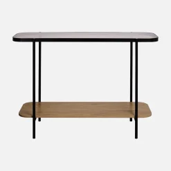 Salontafel vintage van zwart metaal met plateau's van glas en houtdecor 110 cm