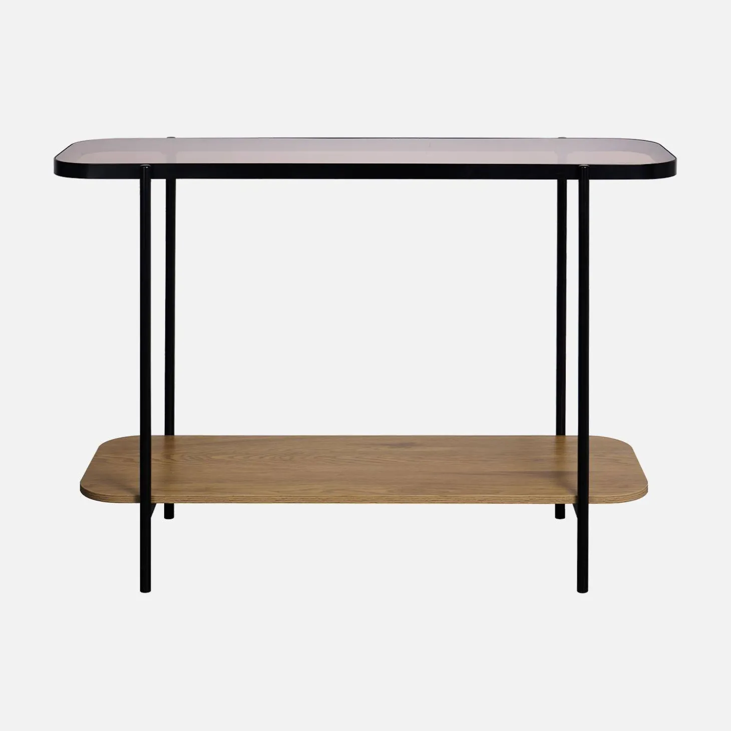 Salontafel vintage van zwart metaal met plateau's van glas en houtdecor 110 cm
