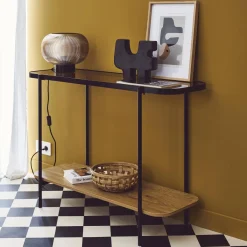 Salontafel vintage van zwart metaal met plateau's van glas en houtdecor 110 cm