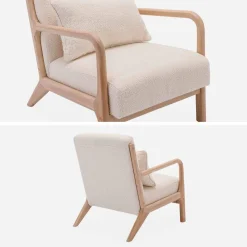 Scadinavische fauteuil van naturelkleurig hout en getextureerde bouclé