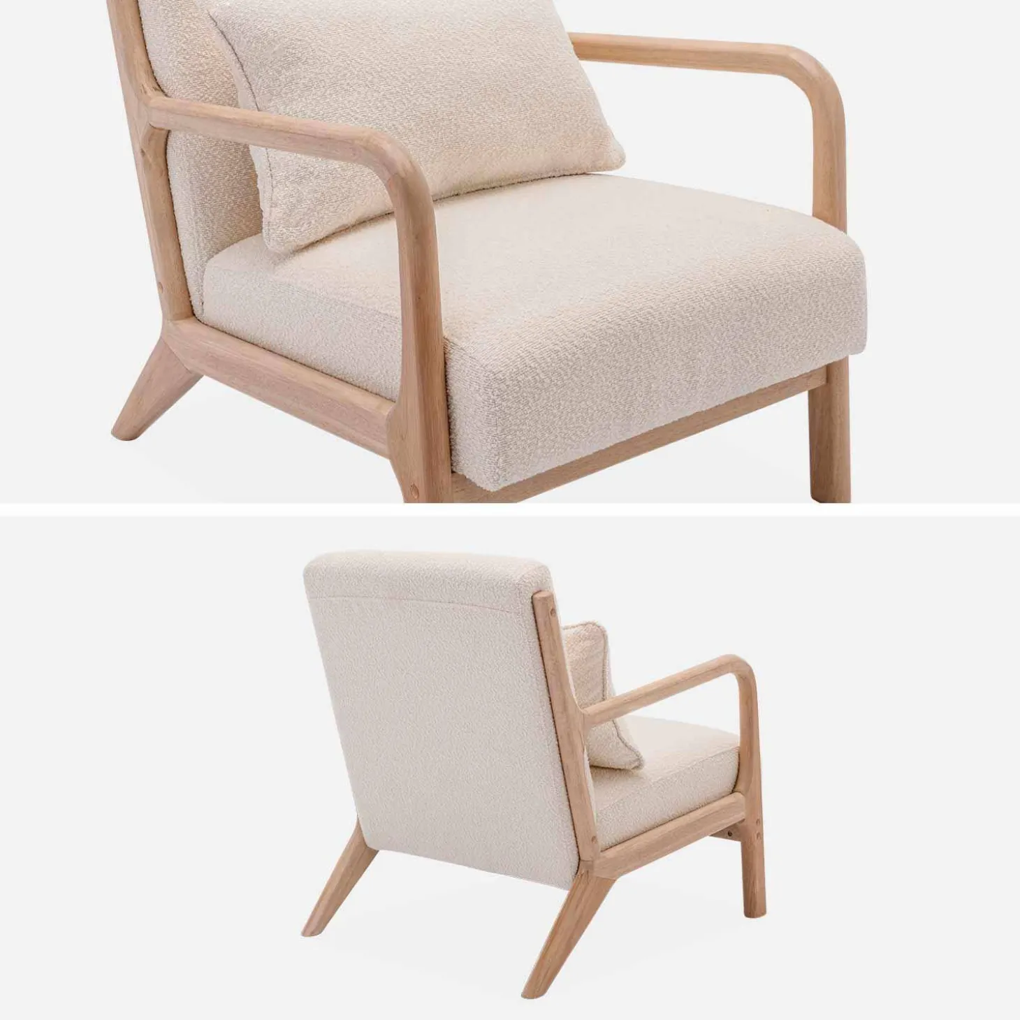 Scadinavische fauteuil van naturelkleurig hout en getextureerde bouclé