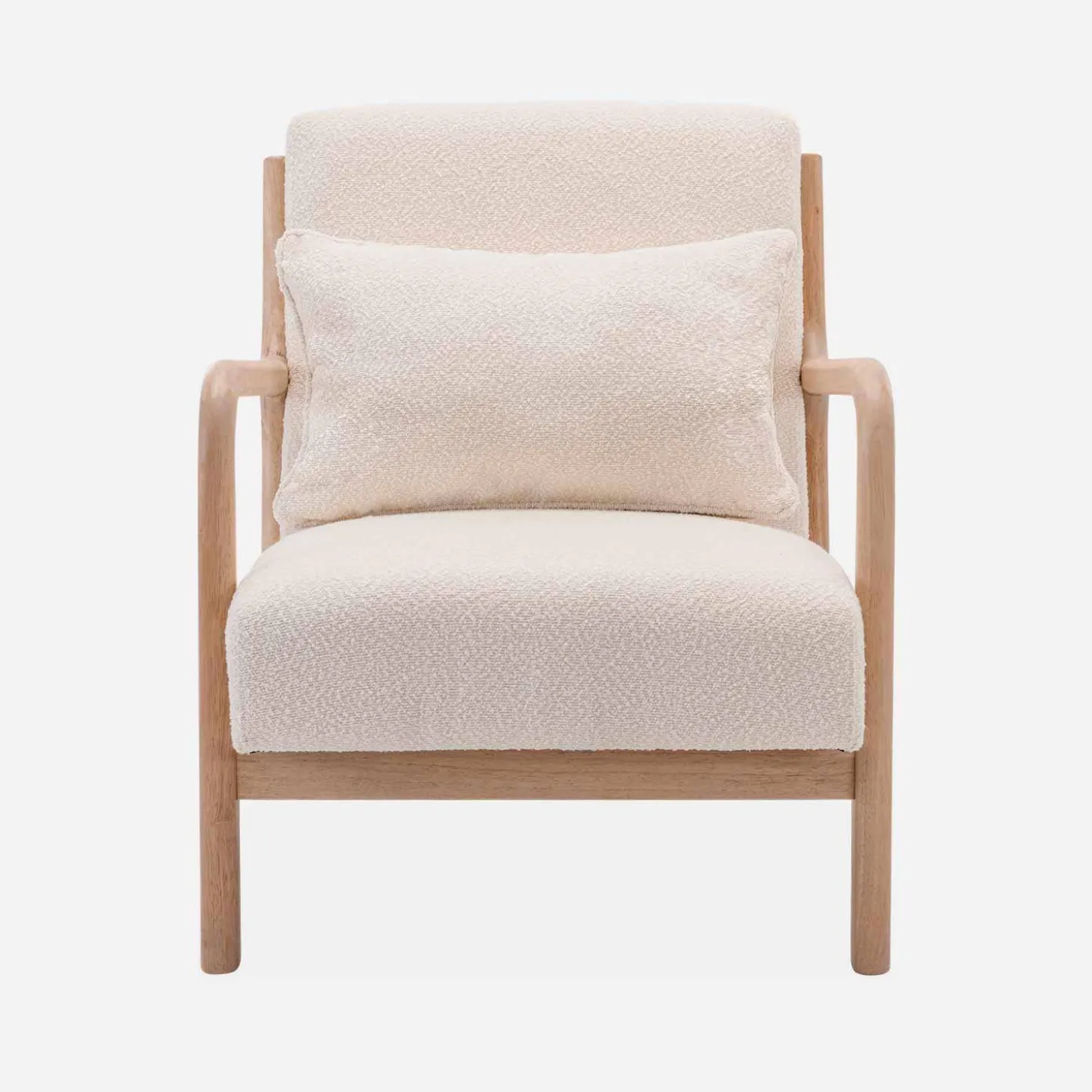 Scadinavische fauteuil van naturelkleurig hout en getextureerde bouclé