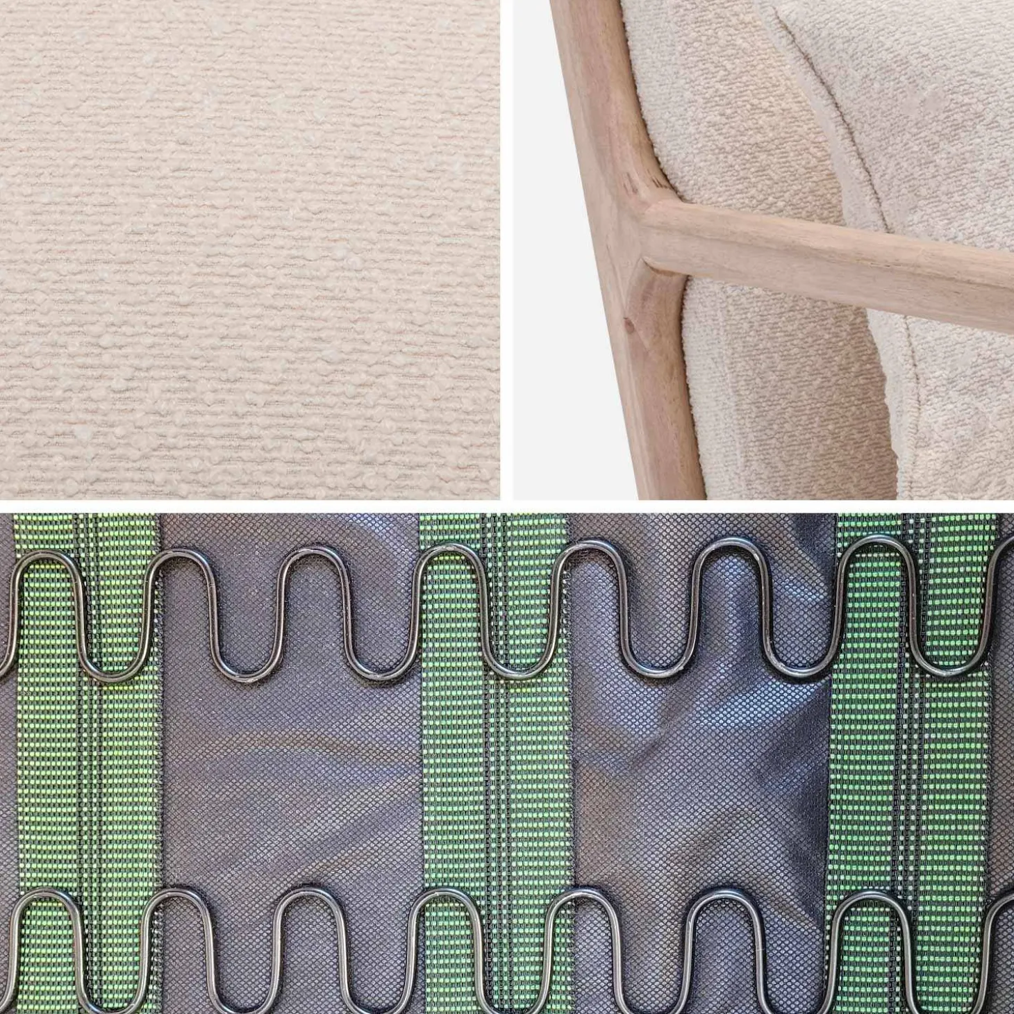 Scadinavische fauteuil van naturelkleurig hout en getextureerde bouclé