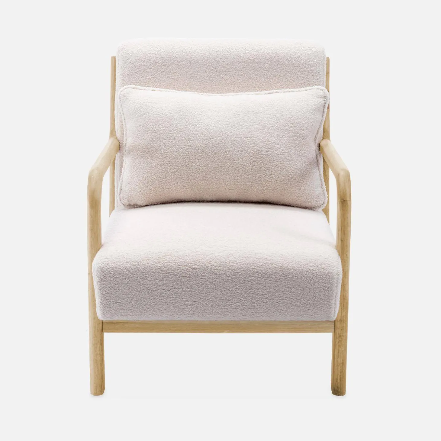 Scadinavische fauteuil van naturelkleurig hout en bouclé
