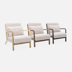 Scadinavische fauteuil van naturelkleurig hout en bouclé