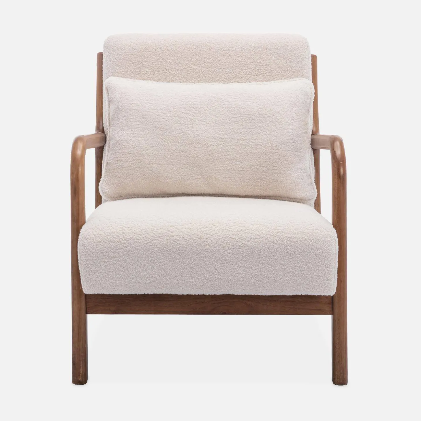 Scadinavische fauteuil van walnootkleurig hout en bouclé
