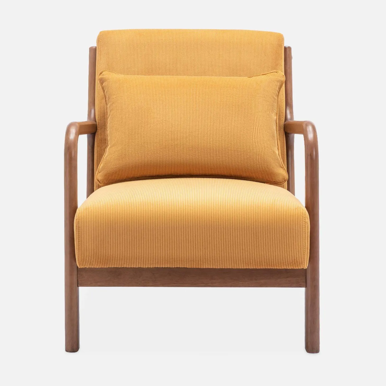 Scadinavische fauteuil van walnootkleurig hout en corduroy