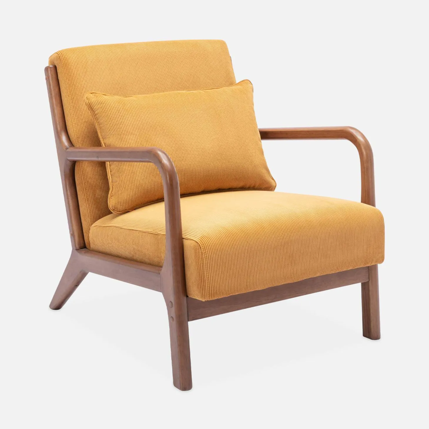 Scadinavische fauteuil van walnootkleurig hout en corduroy