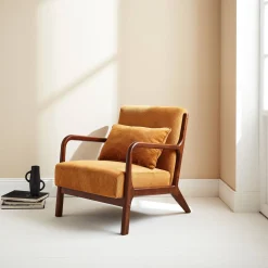 Scadinavische fauteuil van walnootkleurig hout en corduroy