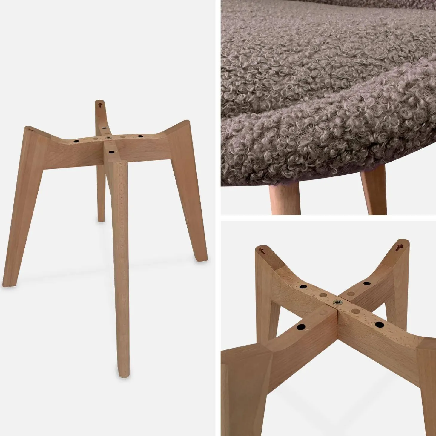 Scandinavische boucléstoel met houten poten (set van 4)