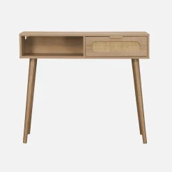 Scandinavische console met houtdecor en afgerond riet