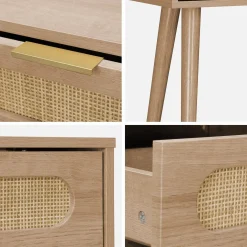 Scandinavische console met houtdecor en afgerond riet
