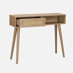 Scandinavische console met houtdecor en afgerond riet