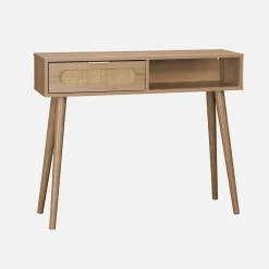 Scandinavische console met houtdecor en afgerond riet