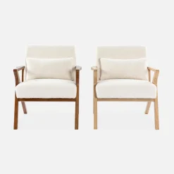 Scandinavische fauteuil van naturelkleurig hout en bouclé