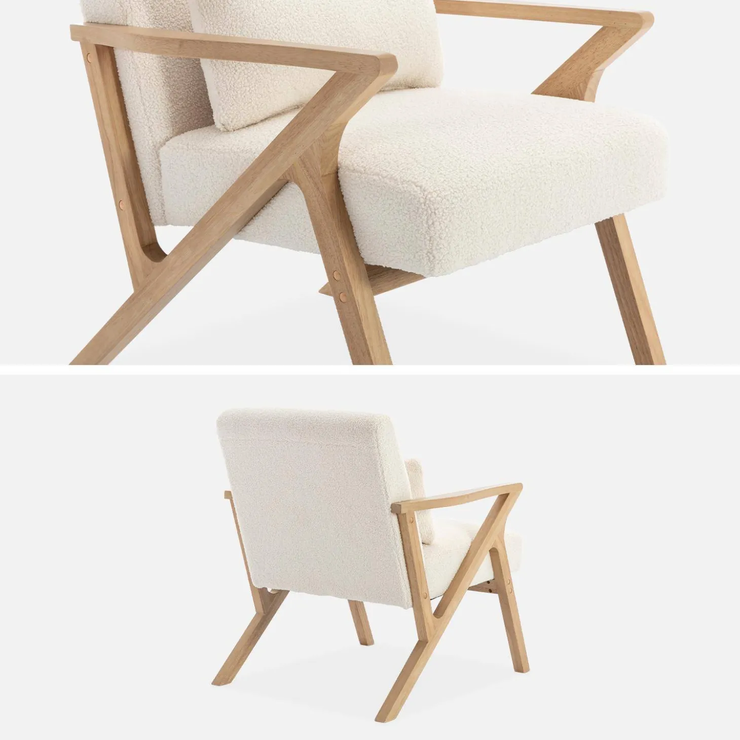 Scandinavische fauteuil van naturelkleurig hout en bouclé