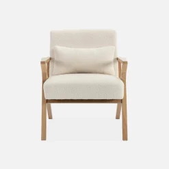 Scandinavische fauteuil van naturelkleurig hout en bouclé