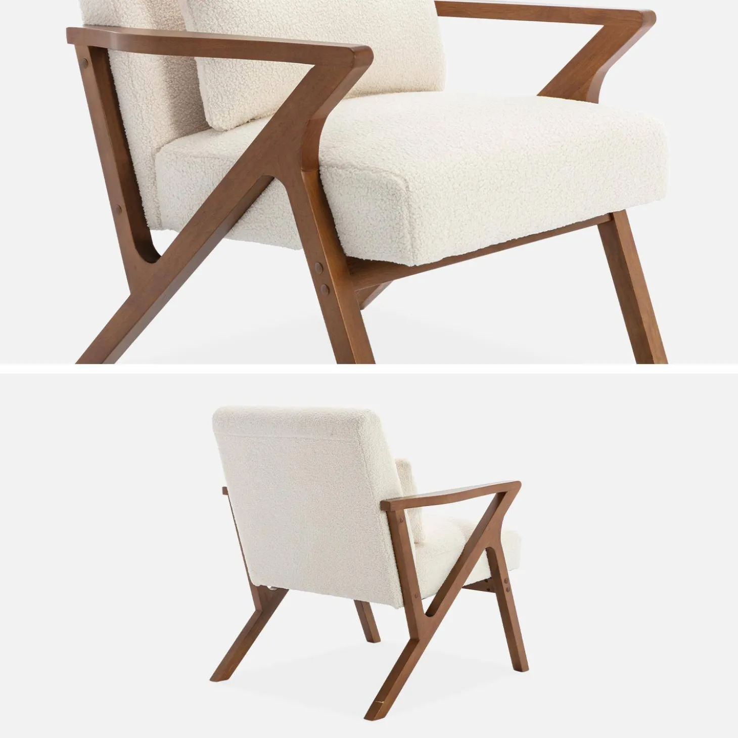 Scandinavische fauteuil van walnootkleurig hout en bouclé