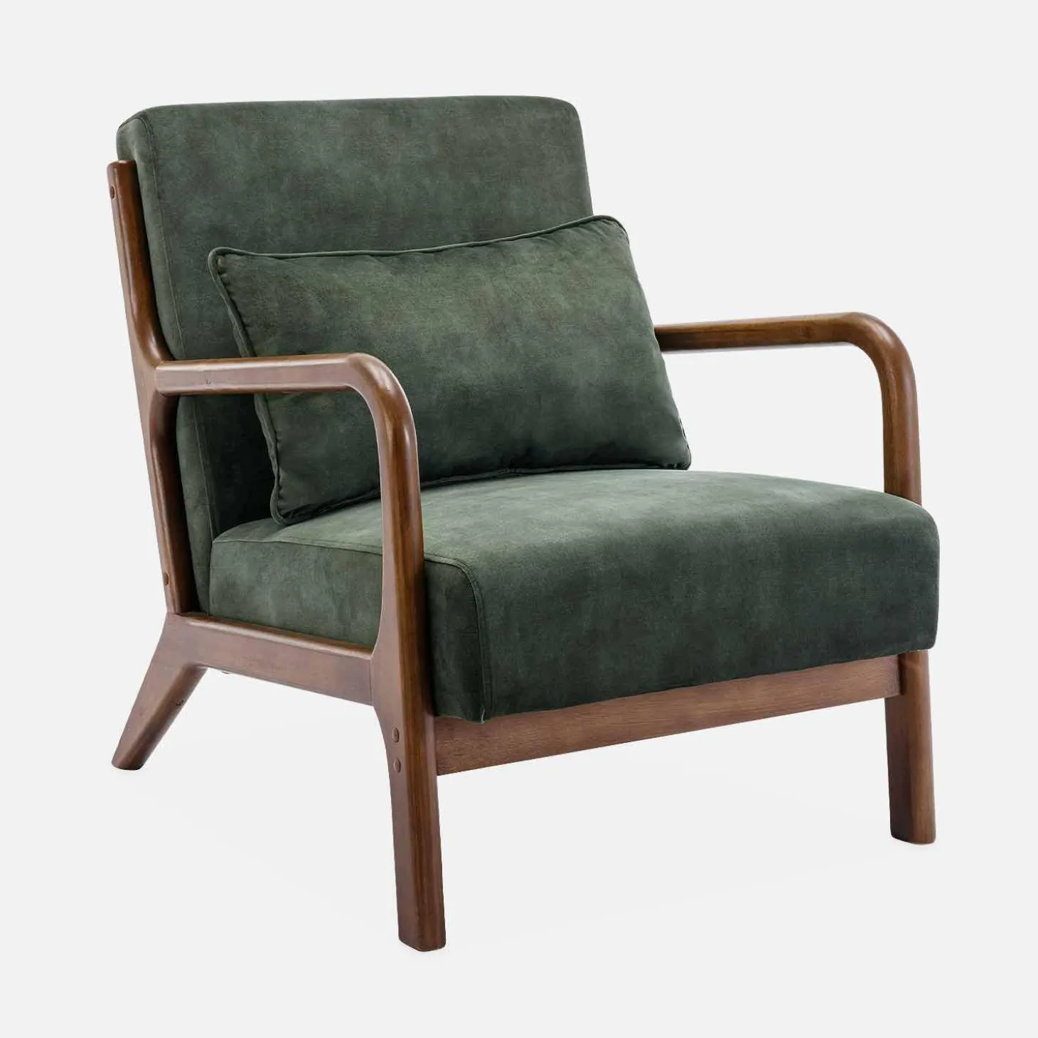 Scandinavische fauteuil walnootkleurig hout en fluweel