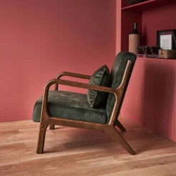 Scandinavische fauteuil walnootkleurig hout en fluweel