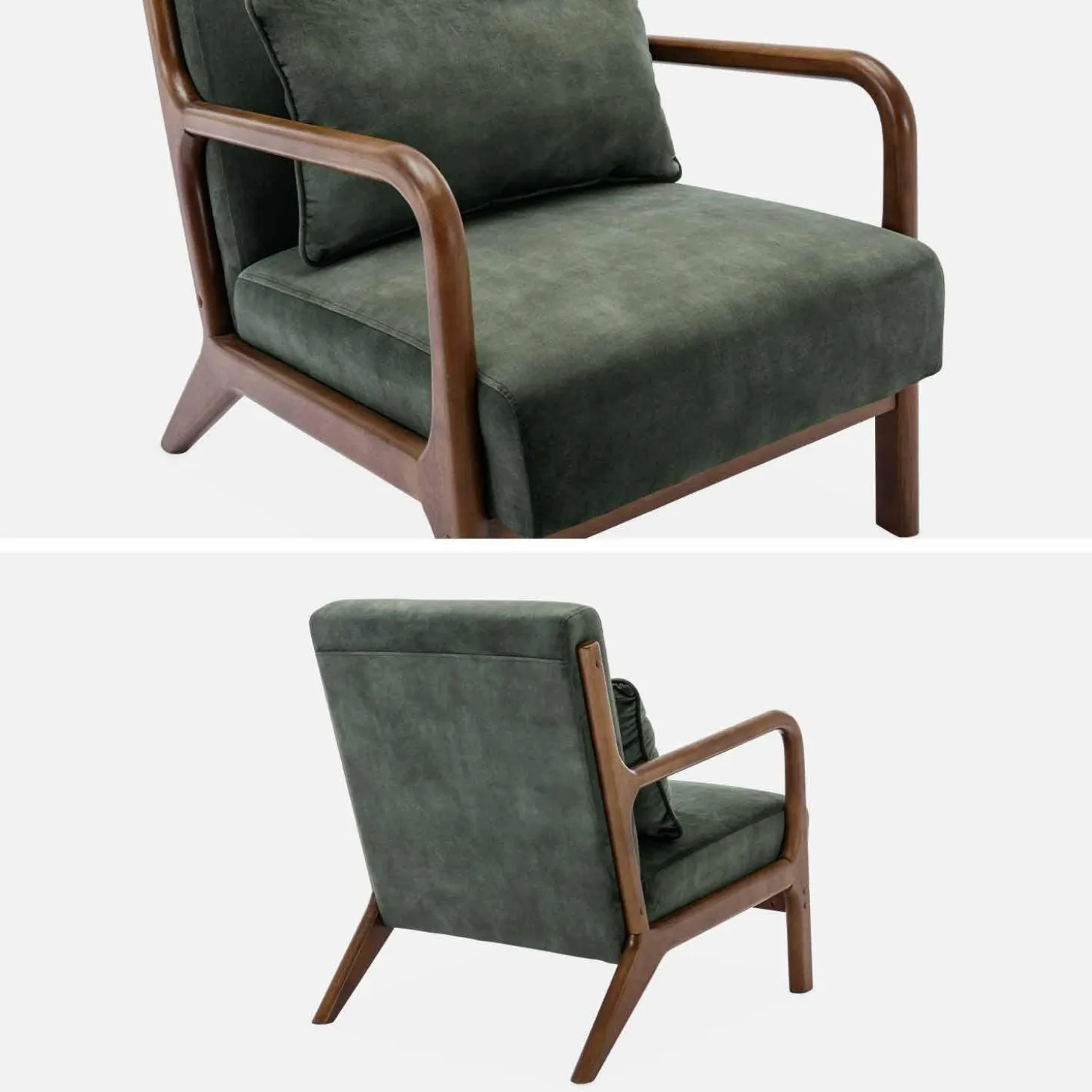 Scandinavische fauteuil walnootkleurig hout en fluweel