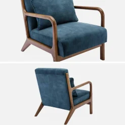 Scandinavische fauteuil walnootkleurig hout en fluweel