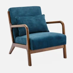 Scandinavische fauteuil walnootkleurig hout en fluweel