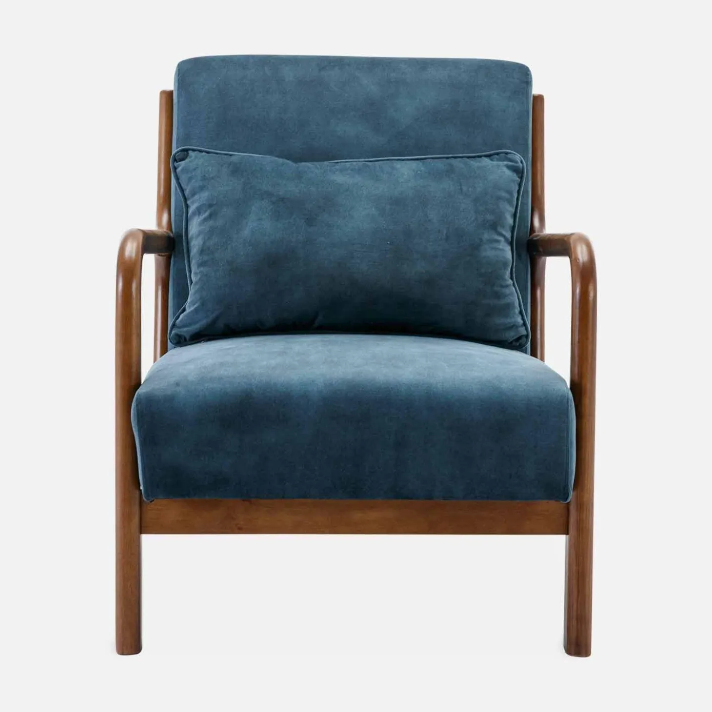 Scandinavische fauteuil walnootkleurig hout en fluweel
