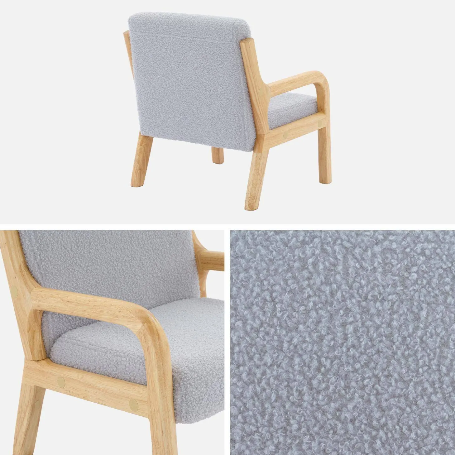 Scandinavische kinderfauteuil in hout en boucléstof