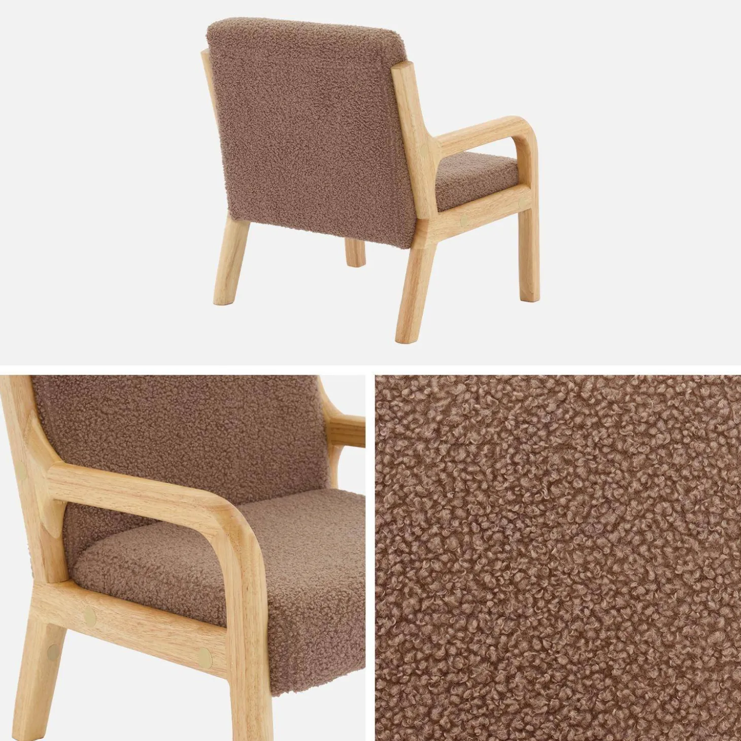 Scandinavische kinderfauteuil in hout en boucléstof