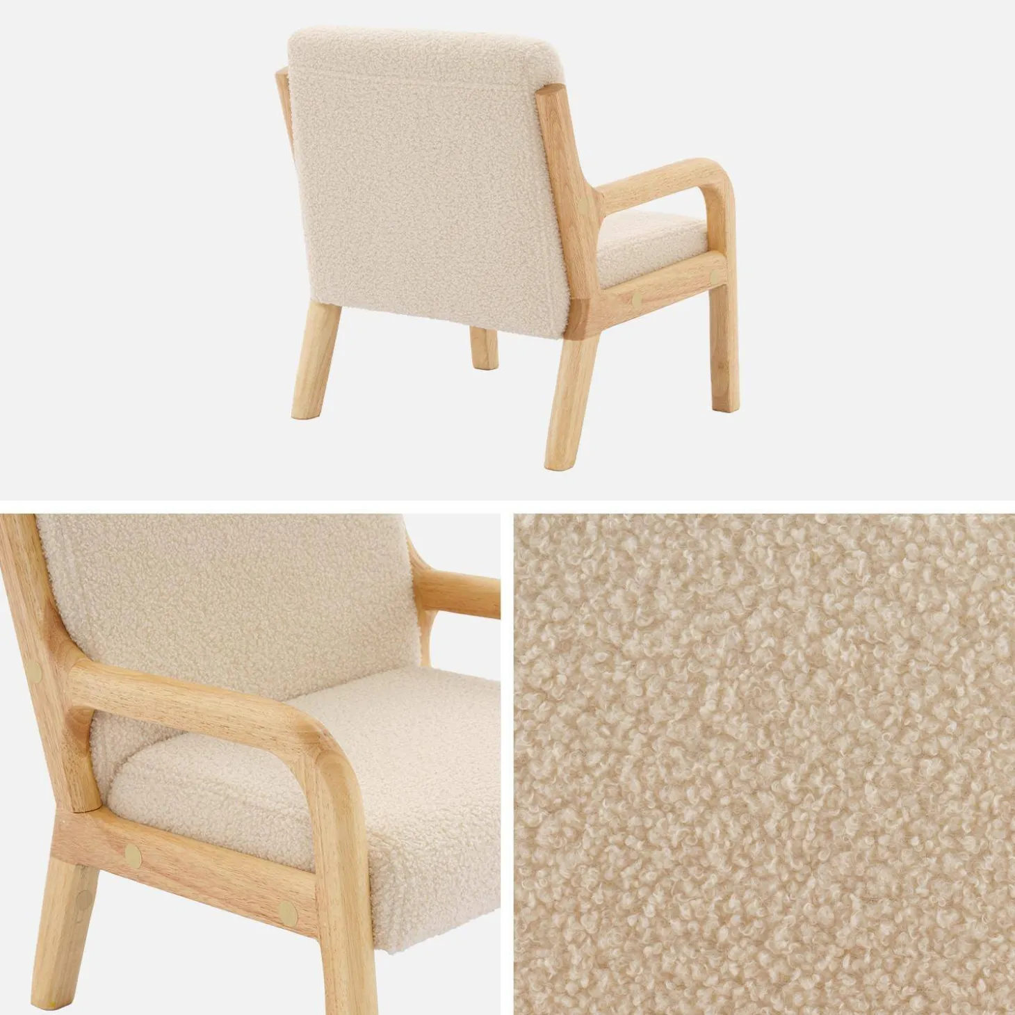 Scandinavische kinderfauteuil in hout en boucléstof
