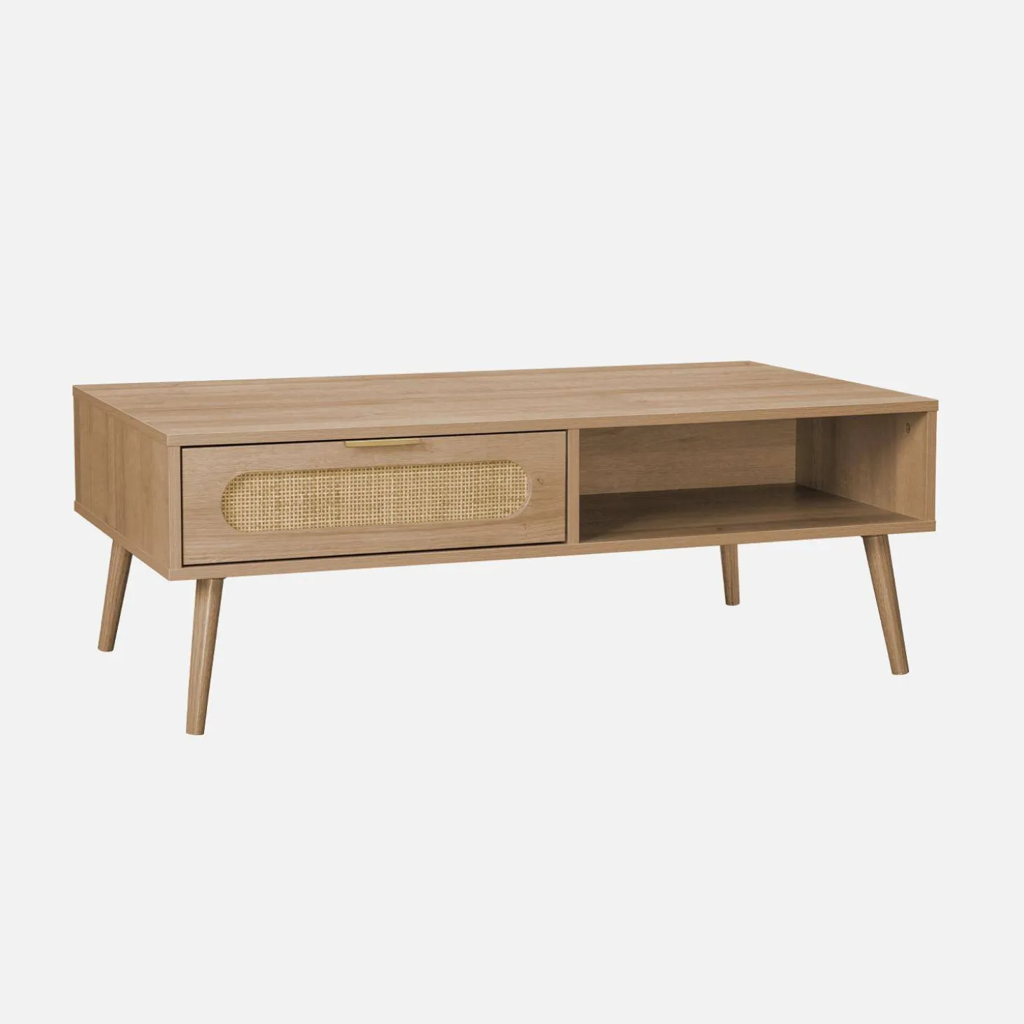 Scandinavische salontafel met afgerond riet, 1 lade