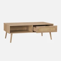 Scandinavische salontafel met afgerond riet, 1 lade