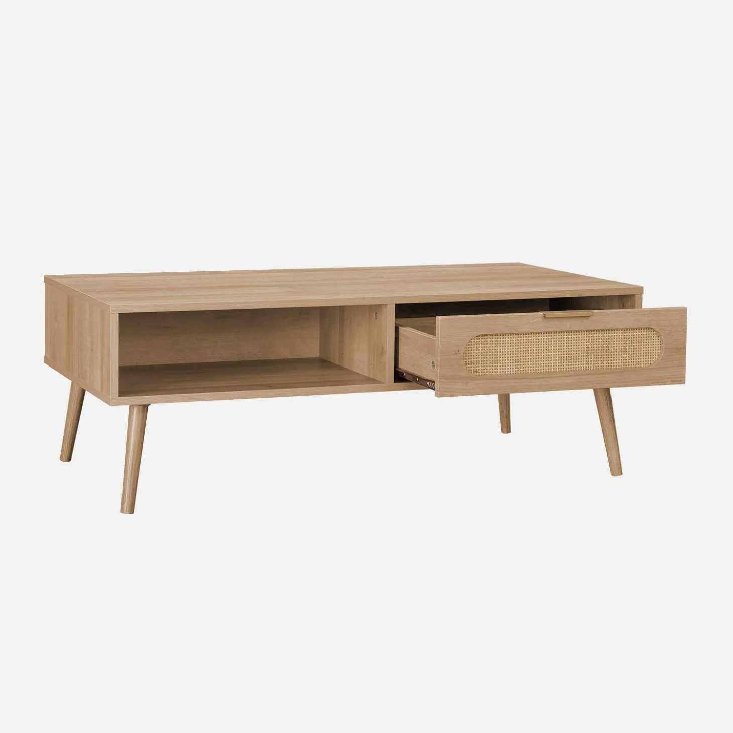 Scandinavische salontafel met afgerond riet, 1 lade