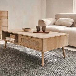 Scandinavische salontafel met afgerond riet, 1 lade